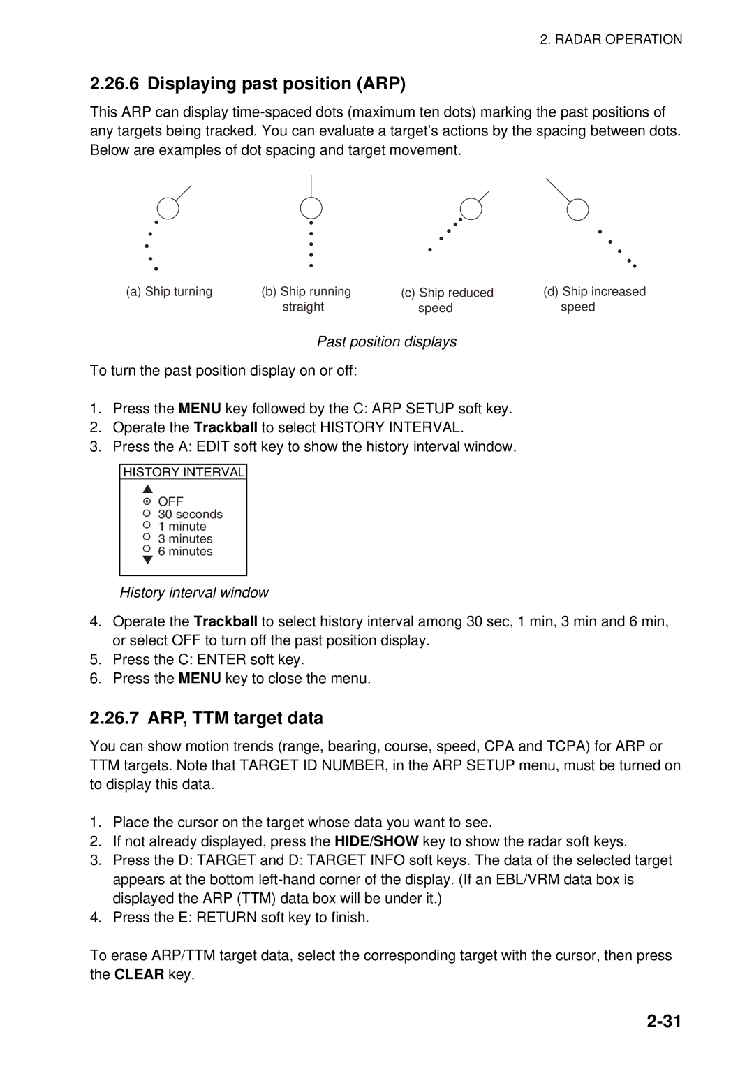 Furuno 1934C-BB Displaying past position ARP, 26.7 ARP, TTM target data, Past position displays, History interval window 