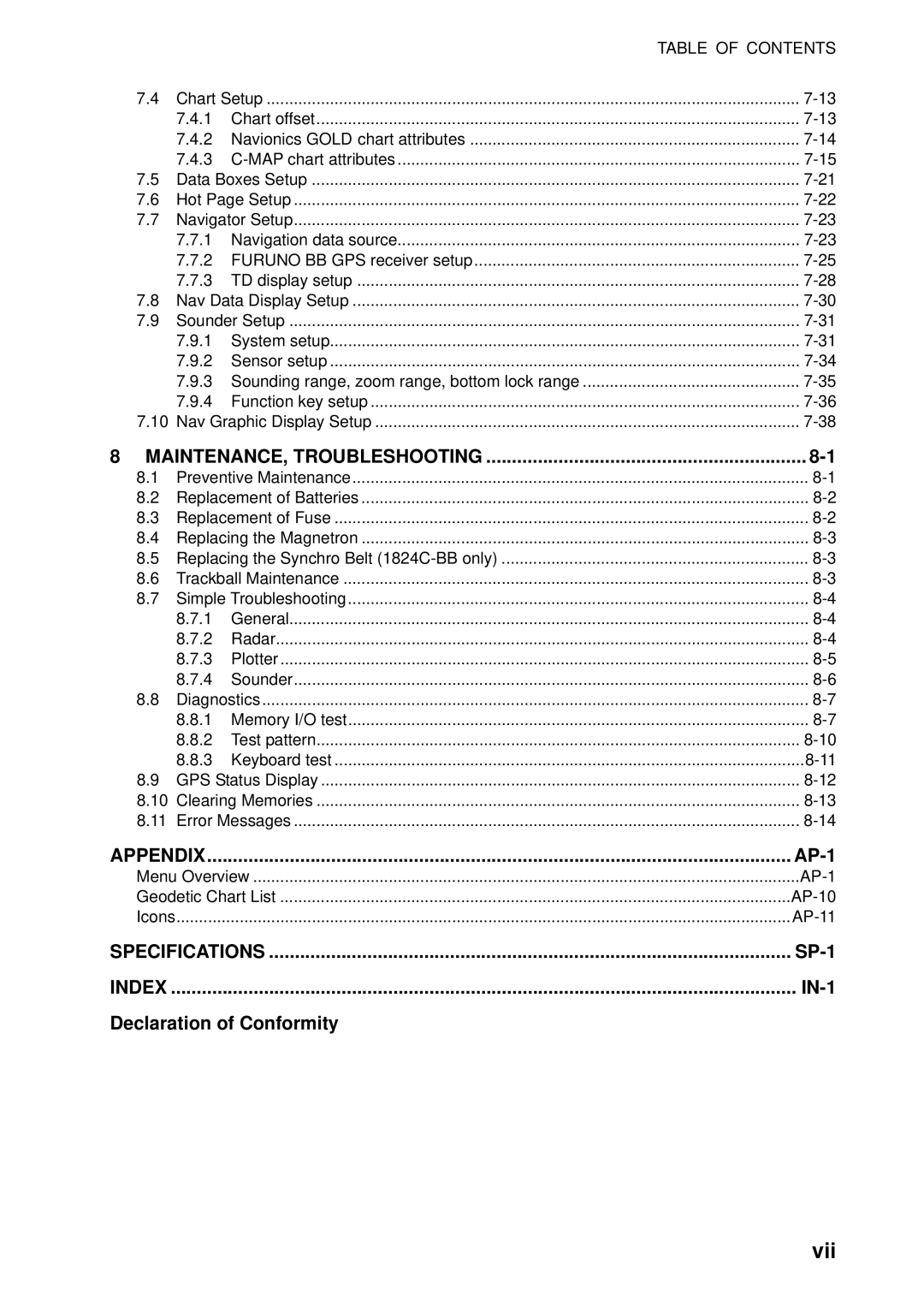 Furuno 1954C-BB, GD-1920C-BB, 1964C-BB, 1944C-BB, 1934C-BB, 1834C-BB, 1824C-BB manual Vii, MAINTENANCE, Troubleshooting 