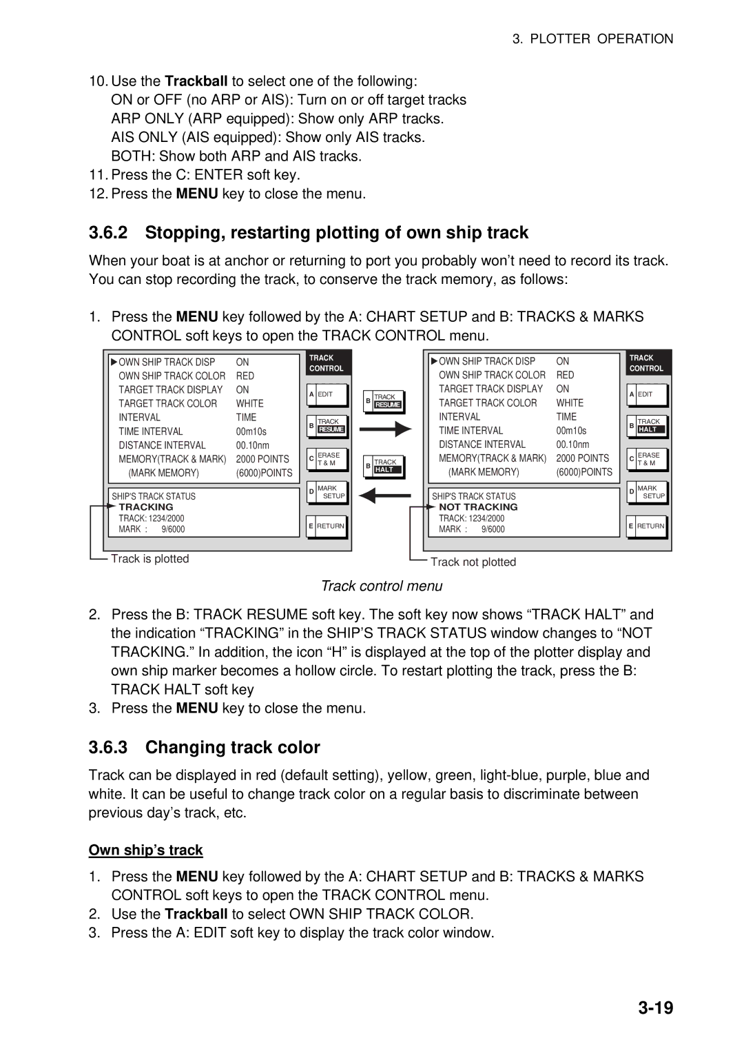 Furuno GD-1920C-BB, 1954C-BB manual Stopping, restarting plotting of own ship track, Changing track color, Own ship’s track 