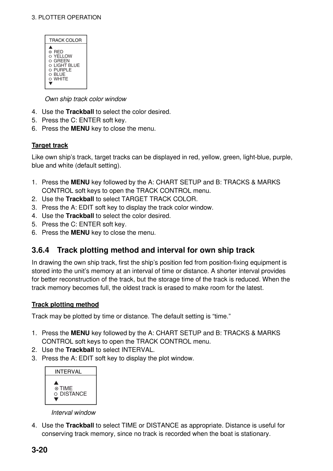 Furuno 1954C-BB manual Track plotting method and interval for own ship track, Own ship track color window, Interval window 