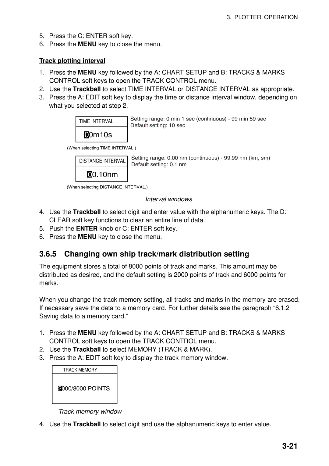 Furuno 1964C-BB, GD-1920C-BB Changing own ship track/mark distribution setting, Track plotting interval, Interval windows 