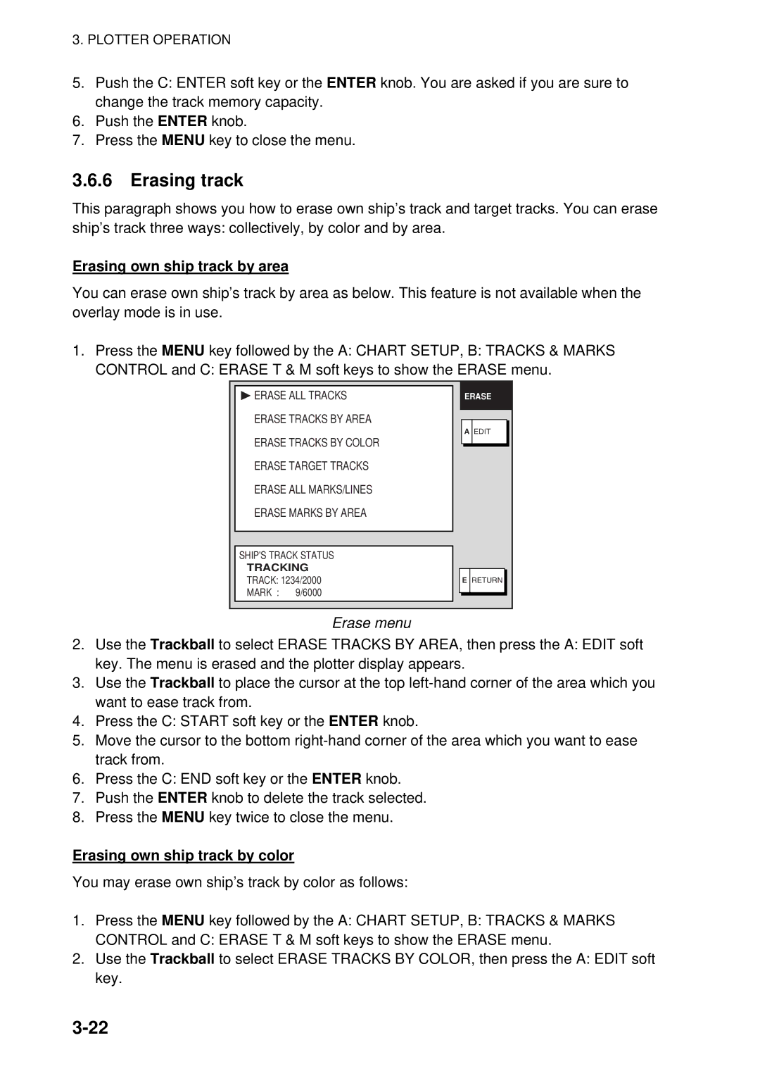 Furuno 1944C-BB, GD-1920C-BB Erasing track, Erasing own ship track by area, Erase menu, Erasing own ship track by color 