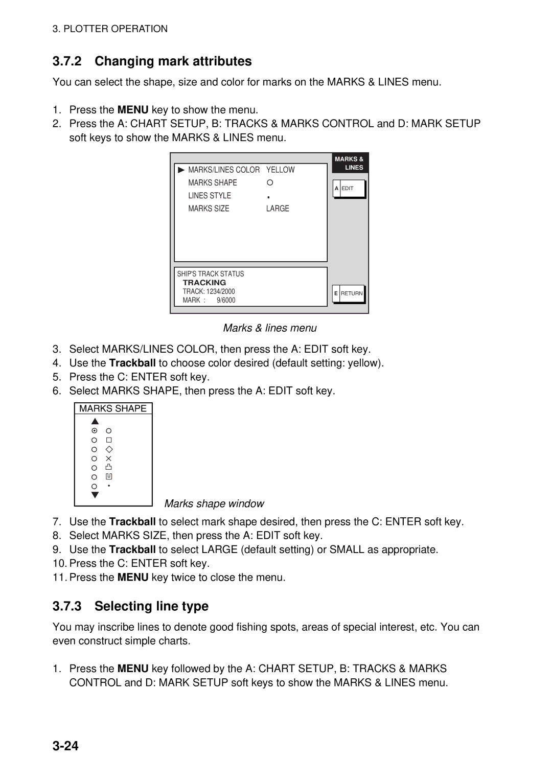 Furuno 1834C-BB, GD-1920C-BB manual Changing mark attributes, Selecting line type, Marks & lines menu, Marks shape window 