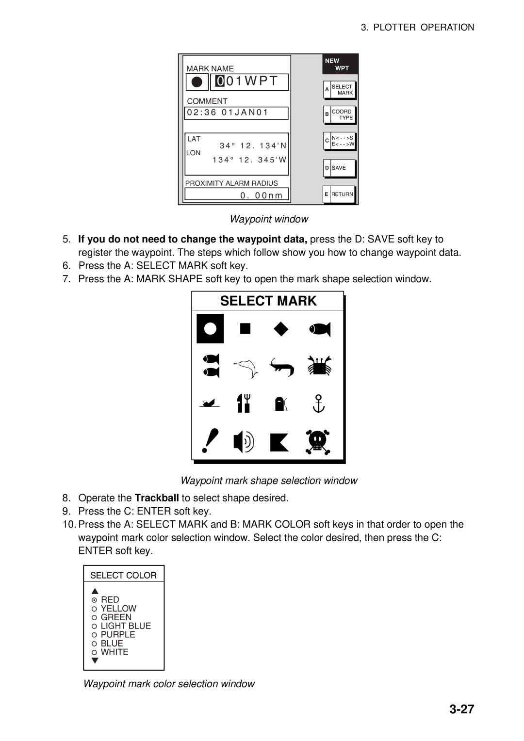 Furuno 1954C-BB, GD-1920C-BB Waypoint window, Waypoint mark shape selection window, Waypoint mark color selection window 