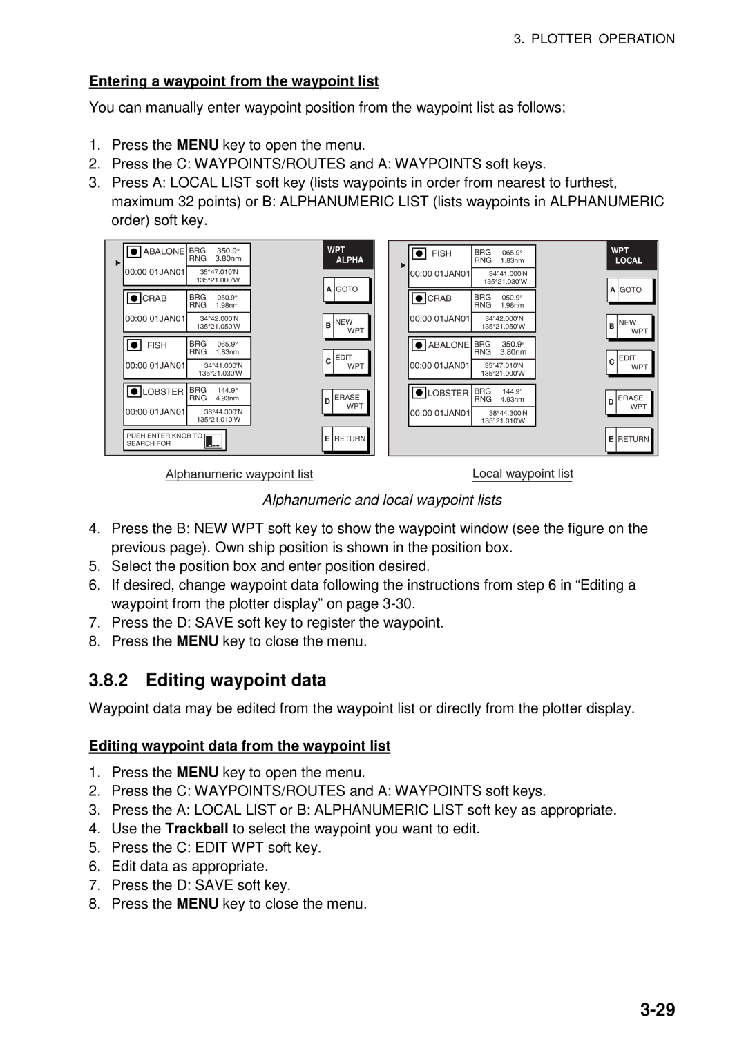 Furuno 1944C-BB Editing waypoint data, Entering a waypoint from the waypoint list, Alphanumeric and local waypoint lists 