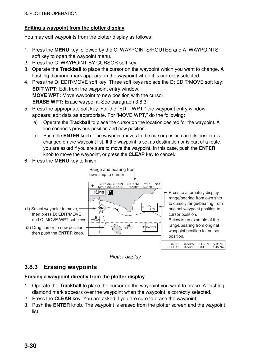 Furuno 1934C-BB, GD-1920C-BB, 1954C-BB manual Erasing waypoints, Editing a waypoint from the plotter display, Plotter display 