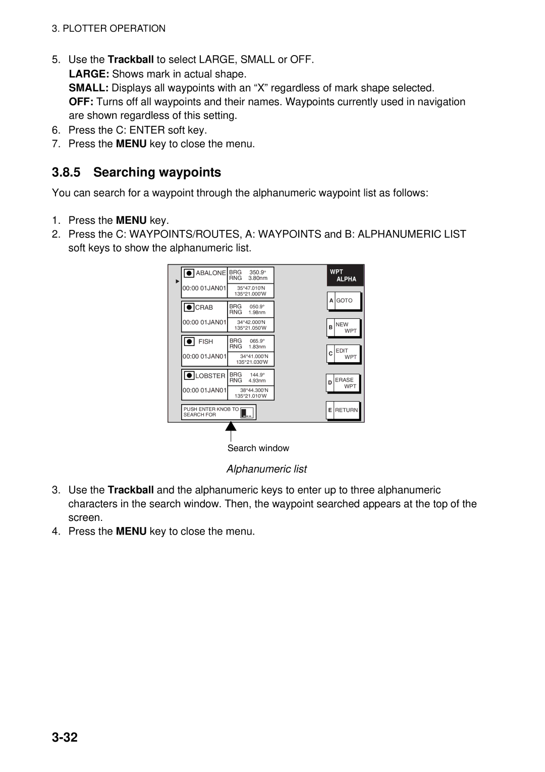 Furuno 1824C-BB, GD-1920C-BB, 1954C-BB, 1964C-BB, 1944C-BB, 1934C-BB, 1834C-BB manual Searching waypoints, Alphanumeric list 