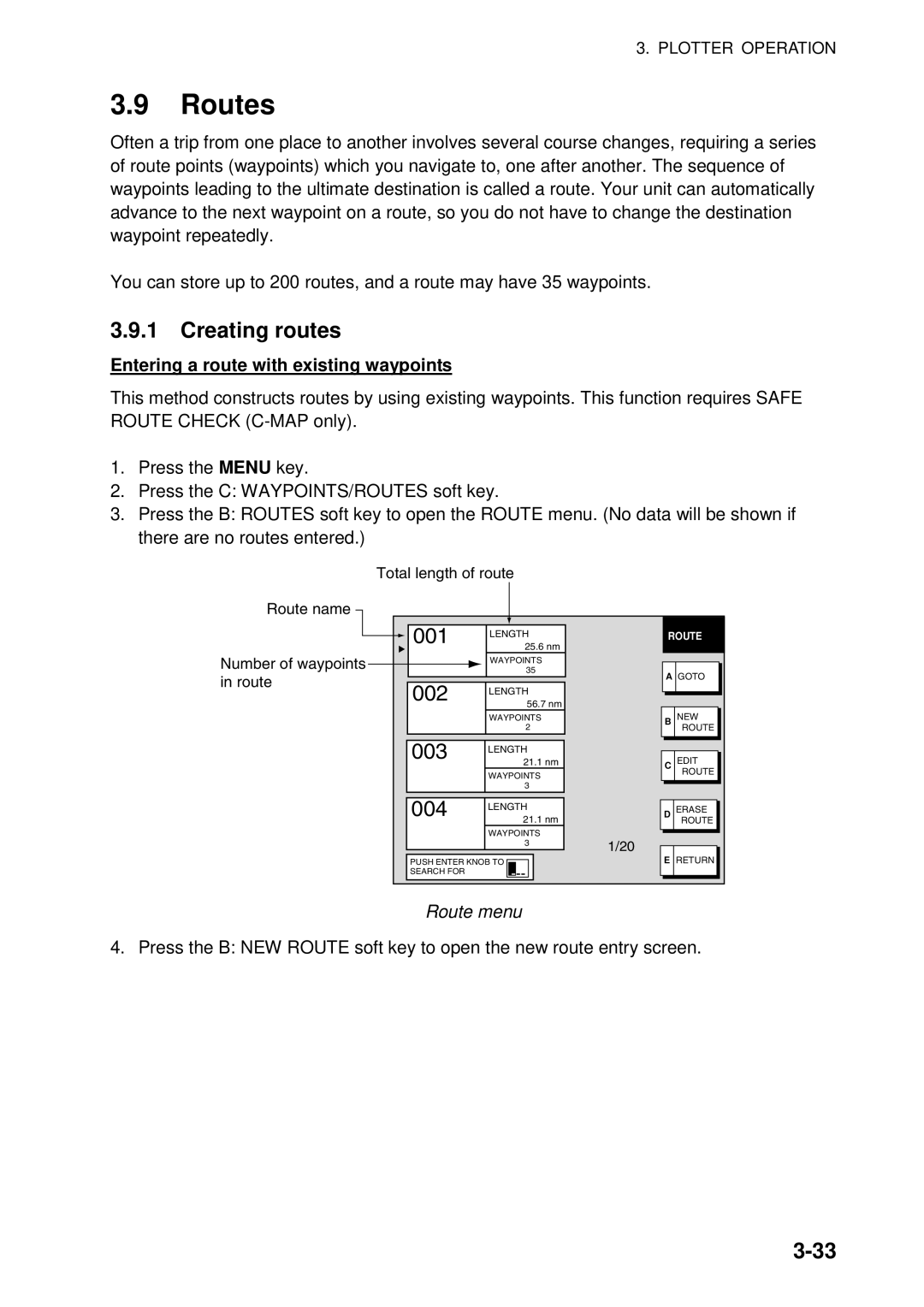 Furuno GD-1920C-BB, 1954C-BB, 1964C-BB manual Routes, Creating routes, Entering a route with existing waypoints, Route menu 