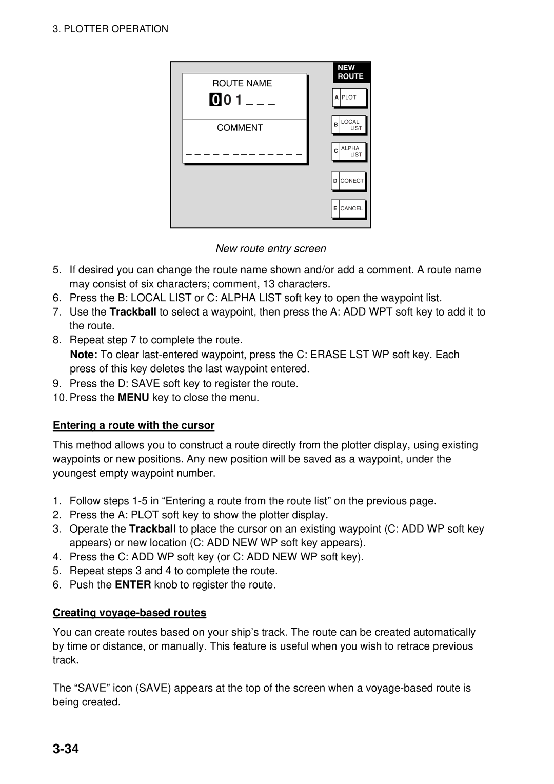 Furuno 1954C-BB, GD-1920C-BB manual New route entry screen, Entering a route with the cursor, Creating voyage-based routes 