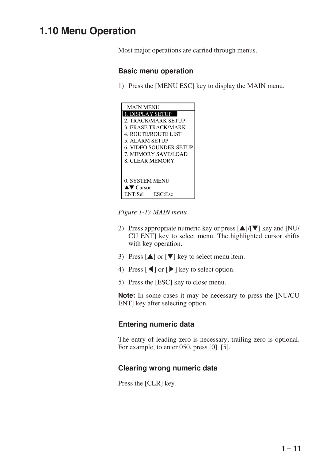 Furuno GP-1600F manual Menu Operation, Basic menu operation, Entering numeric data, Clearing wrong numeric data 