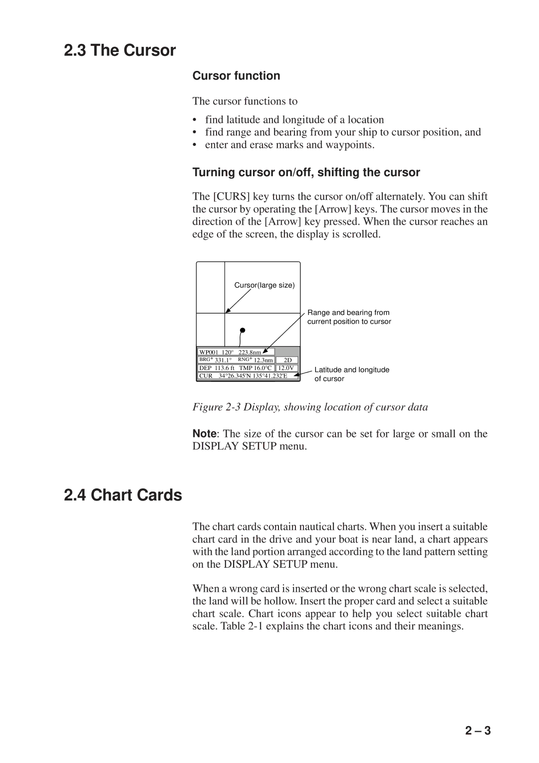 Furuno GP-1600F manual Chart Cards, Cursor function, Turning cursor on/off, shifting the cursor 