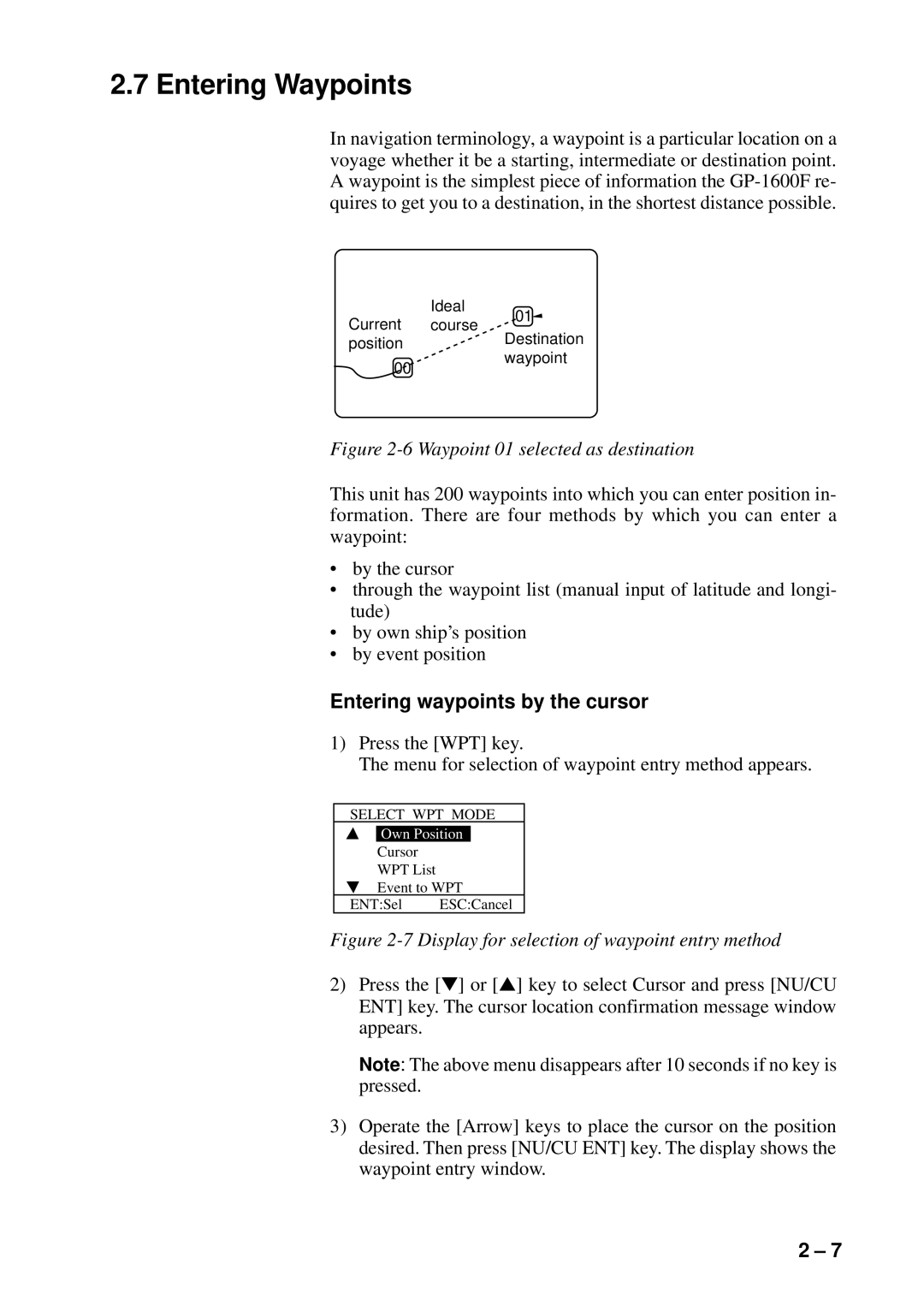 Furuno GP-1600F manual Entering Waypoints, Entering waypoints by the cursor 