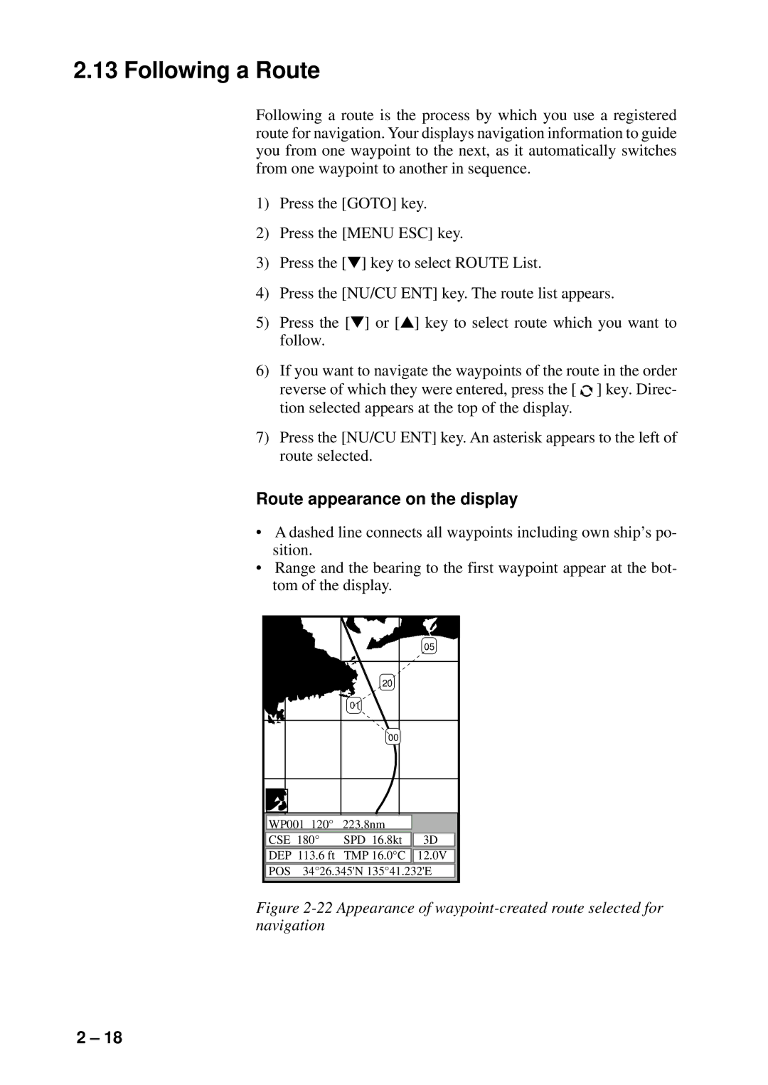 Furuno GP-1600F manual Following a Route, Route appearance on the display 