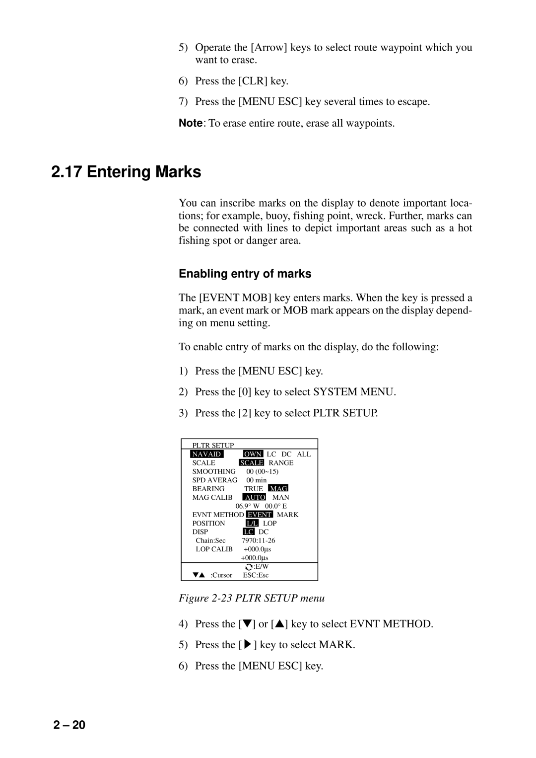 Furuno GP-1600F manual Entering Marks, Enabling entry of marks 