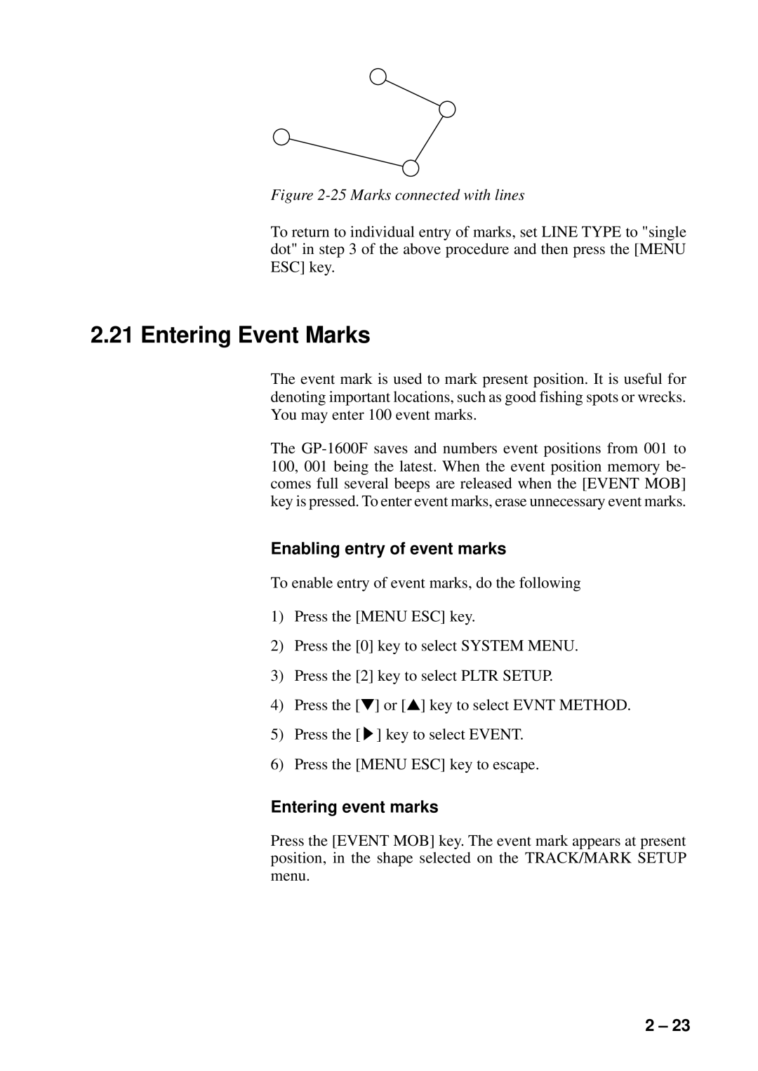 Furuno GP-1600F manual Entering Event Marks, Enabling entry of event marks, Entering event marks 