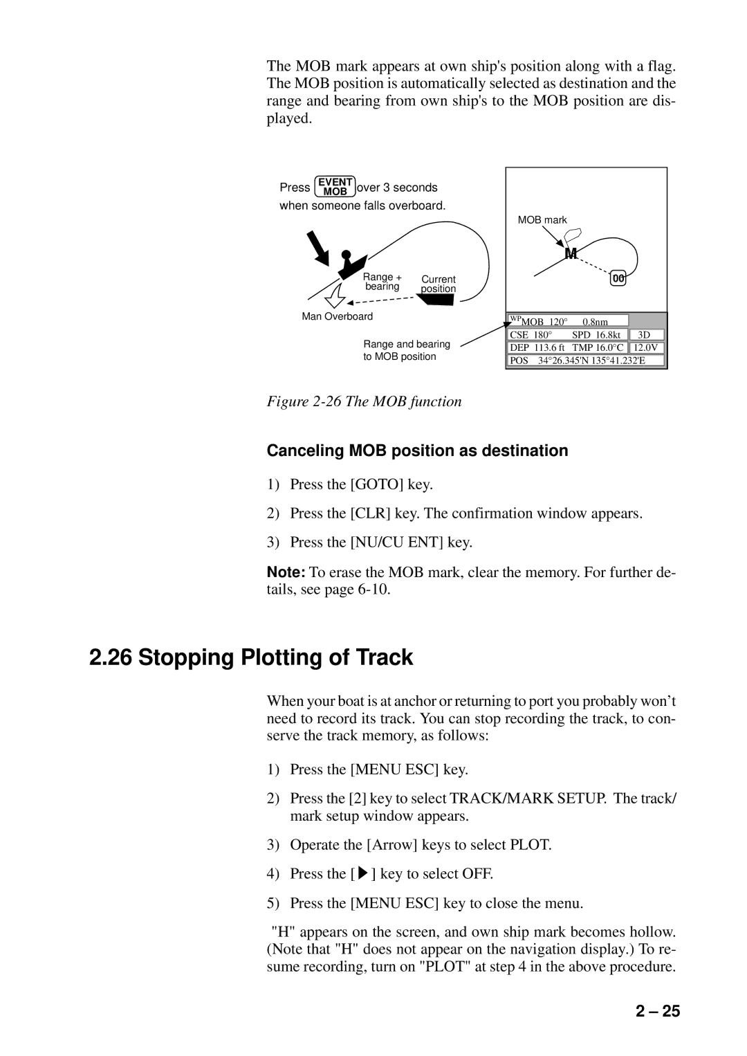 Furuno GP-1600F manual Stopping Plotting of Track, Canceling MOB position as destination 