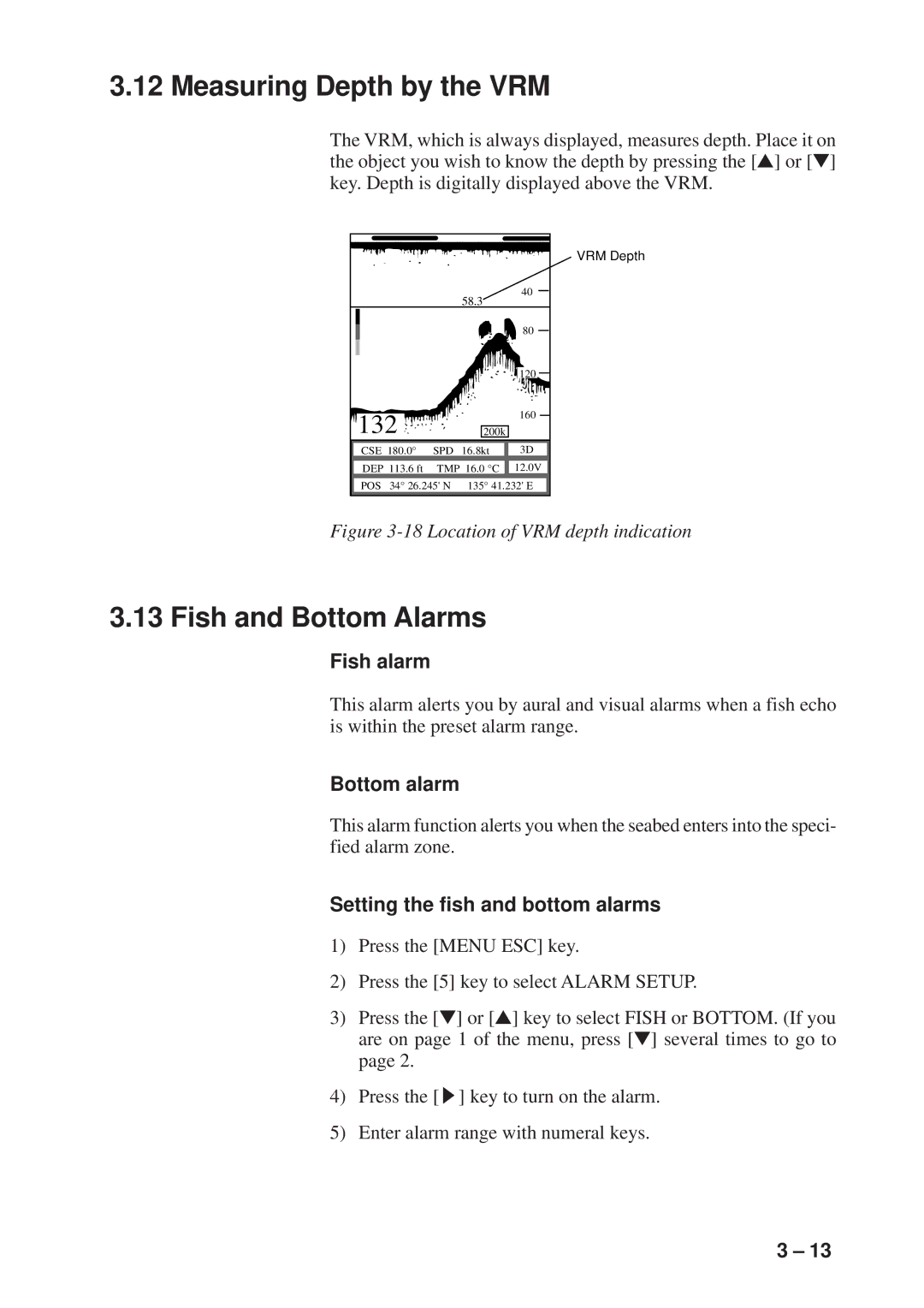 Furuno GP-1600F manual Measuring Depth by the VRM, Fish and Bottom Alarms, Fish alarm, Bottom alarm 