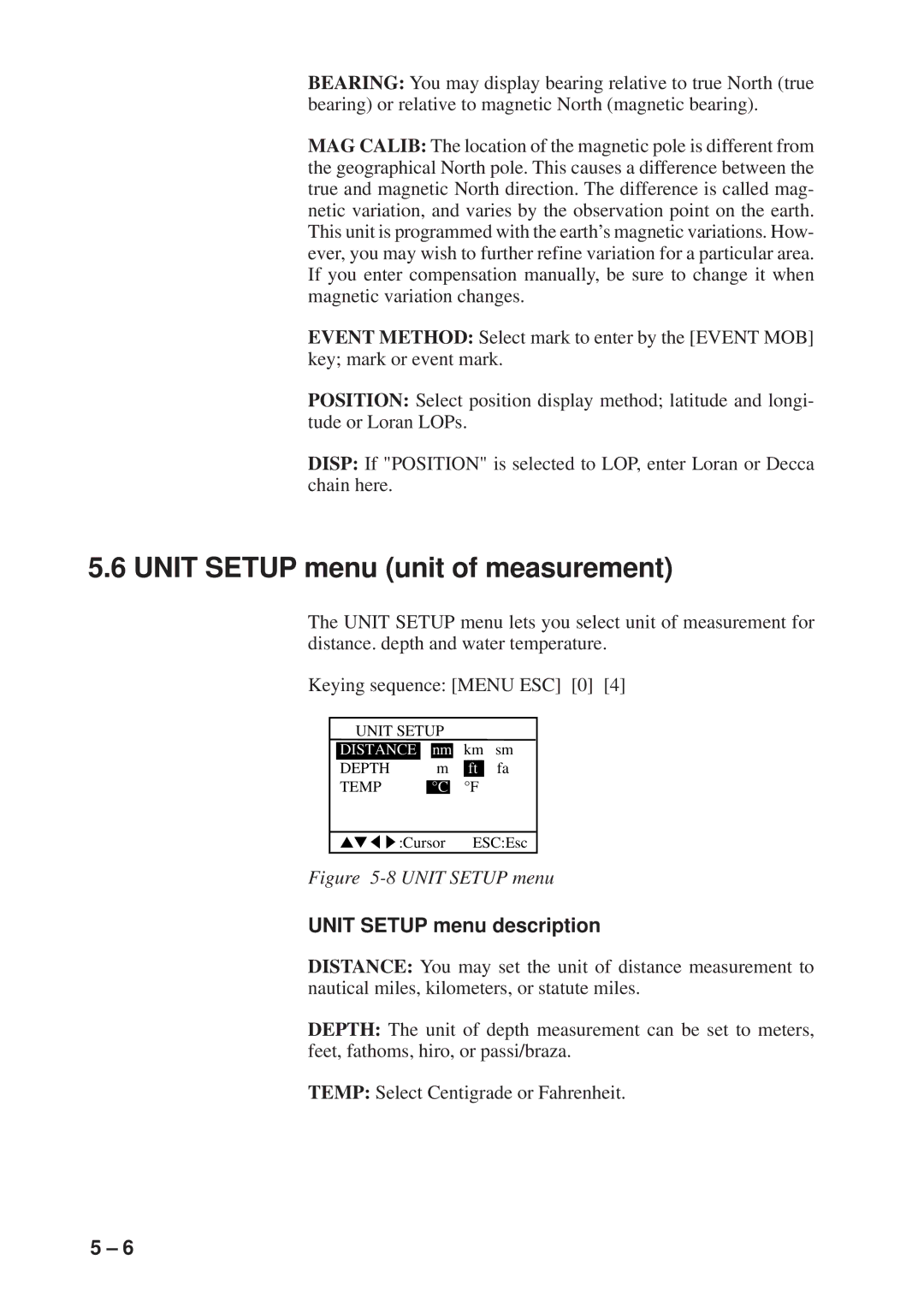 Furuno GP-1600F manual Unit Setup menu unit of measurement, Unit Setup menu description 