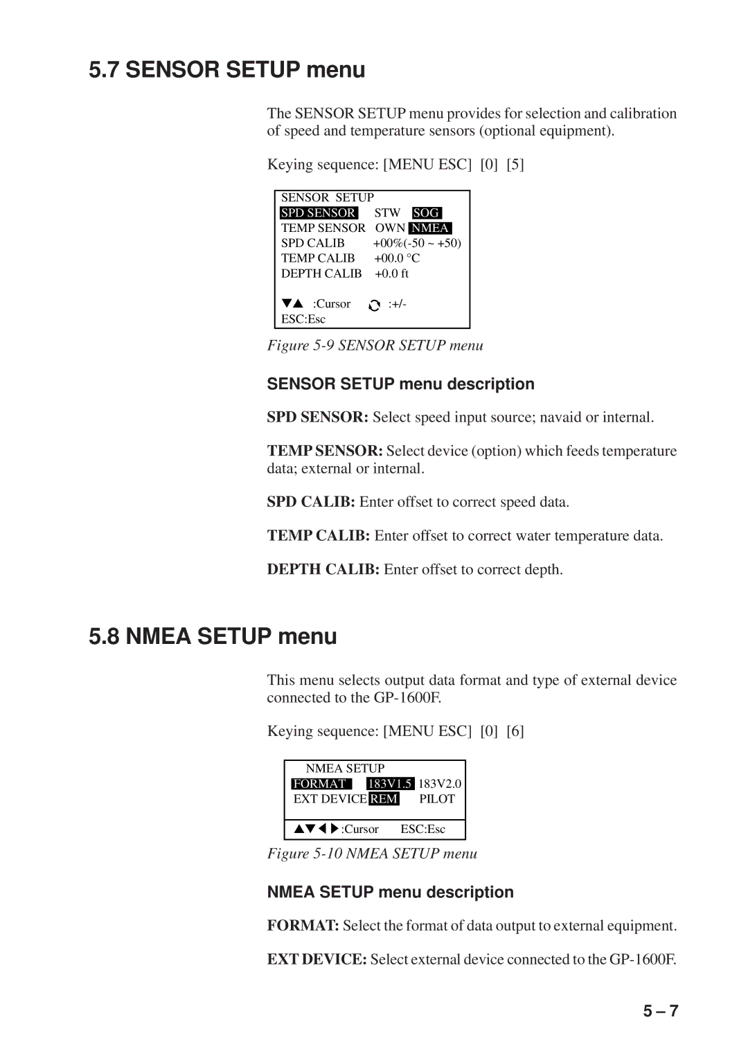 Furuno GP-1600F manual Sensor Setup menu description, Nmea Setup menu description 