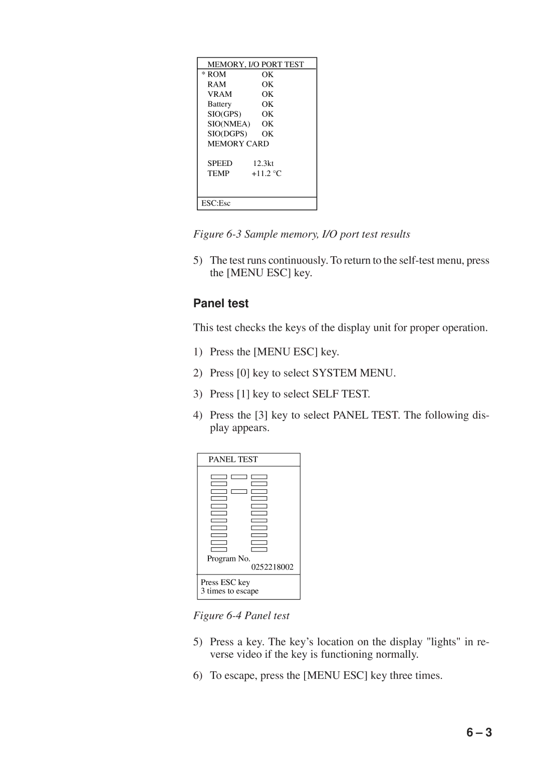 Furuno GP-1600F manual Sample memory, I/O port test results, Panel test 