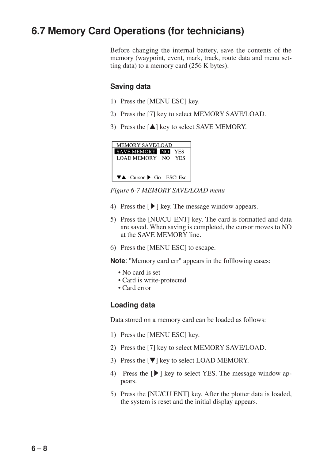 Furuno GP-1600F manual Memory Card Operations for technicians, Saving data, Loading data 