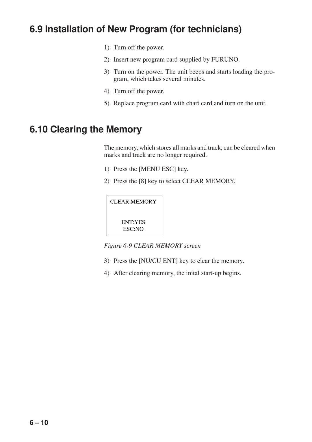 Furuno GP-1600F manual Installation of New Program for technicians, Clearing the Memory 