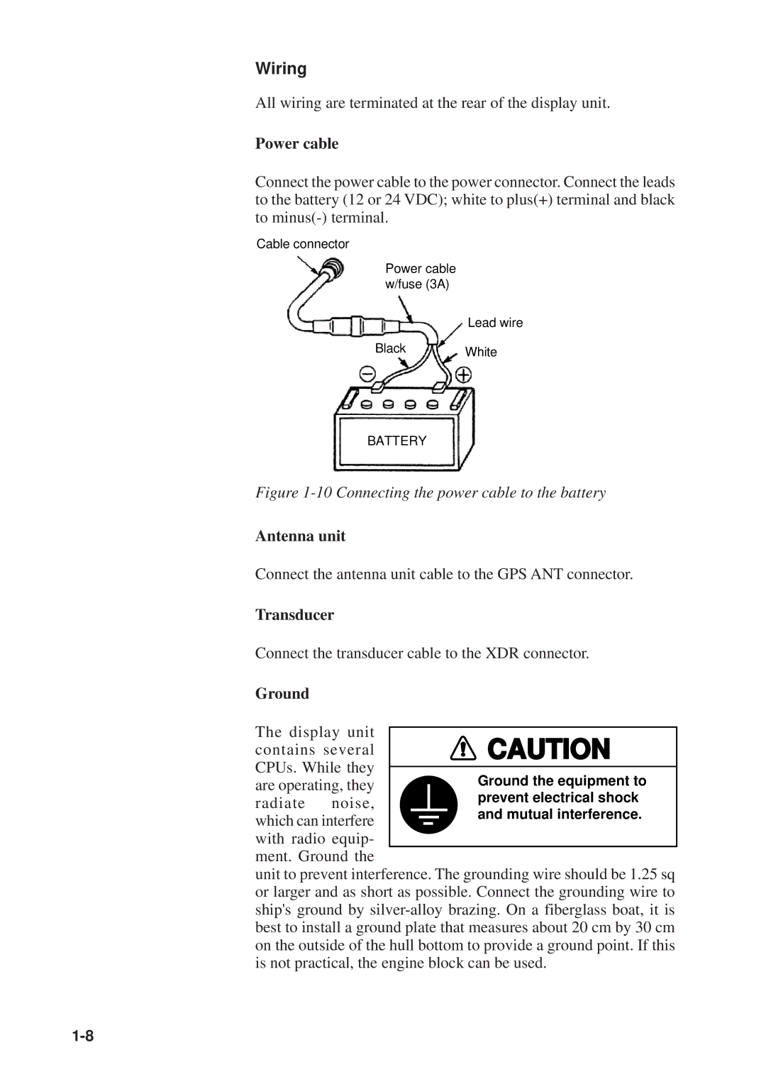 Furuno GP-1610CF manual Wiring, Power cable, Antenna unit, Transducer, Ground 