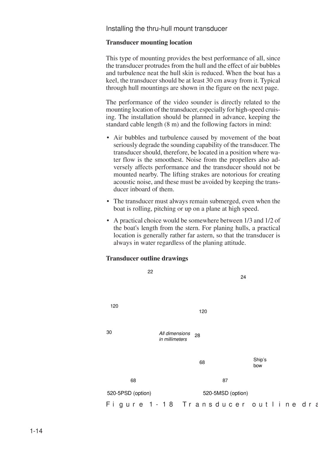 Furuno GP-1610CF Installing the thru-hull mount transducer, Transducer mounting location, Transducer outline drawings 