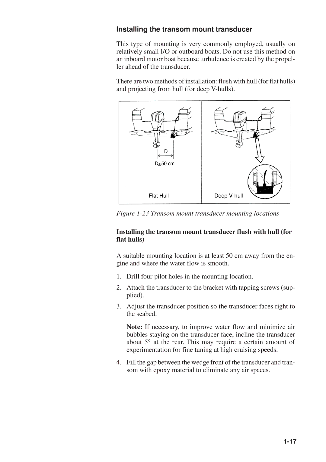 Furuno GP-1610CF manual Installing the transom mount transducer, Transom mount transducer mounting locations 