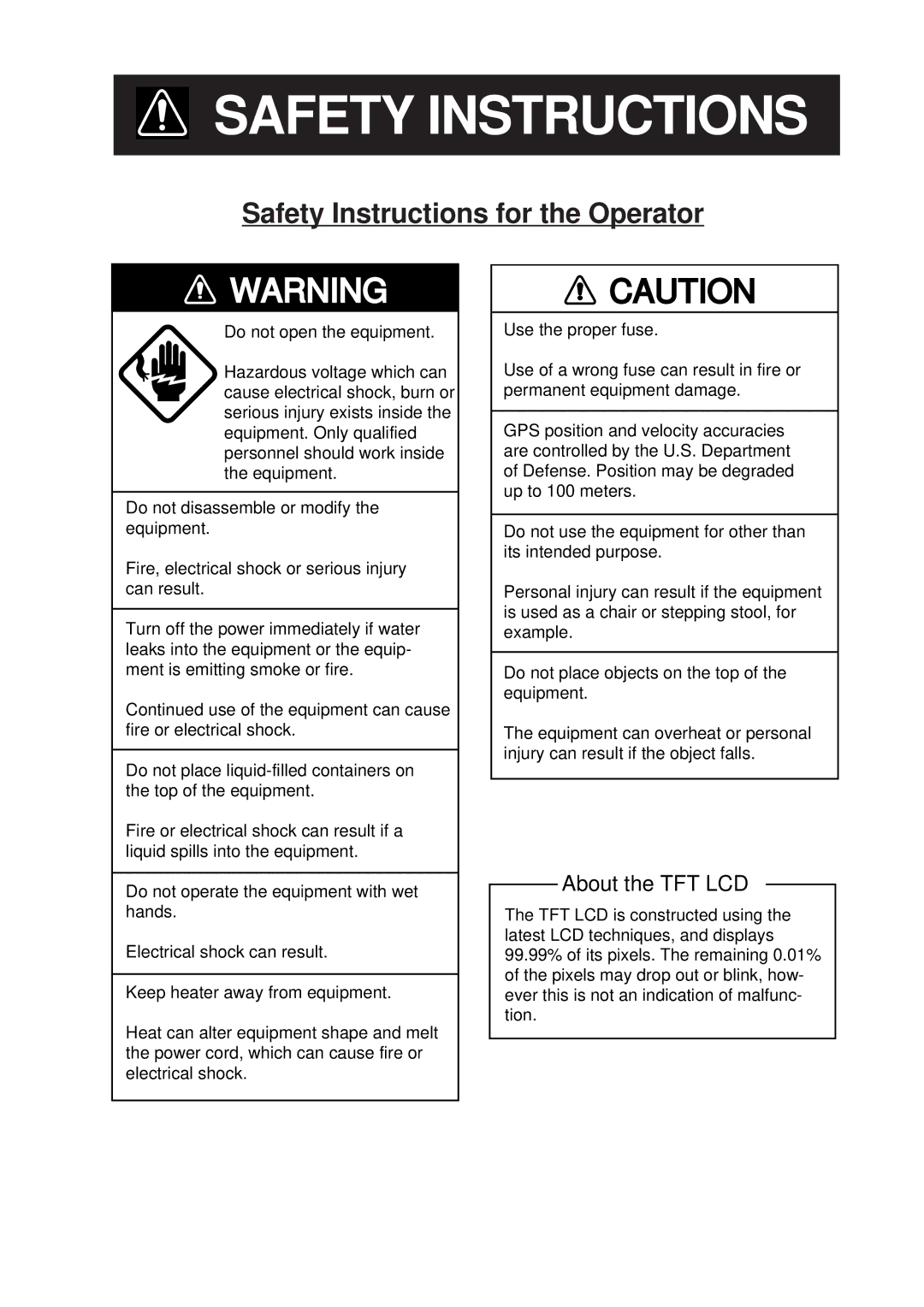 Furuno GP-1610CF manual Safety Instructions for the Operator 