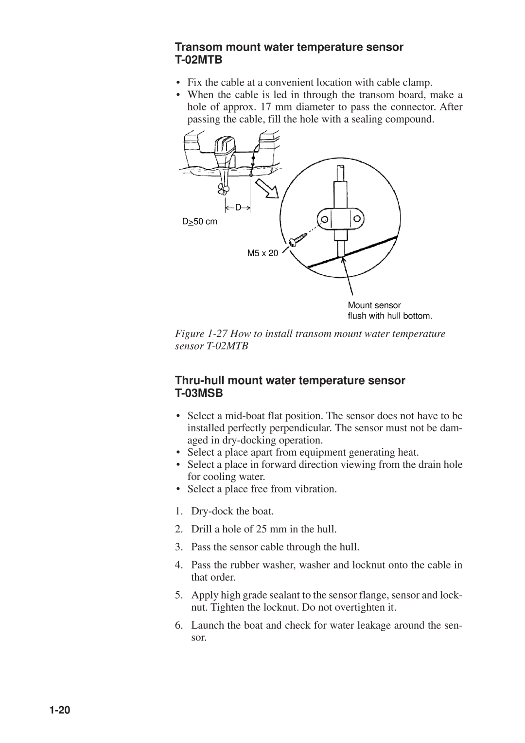 Furuno GP-1610CF manual Transom mount water temperature sensor T-02MTB, Thru-hull mount water temperature sensor T-03MSB 