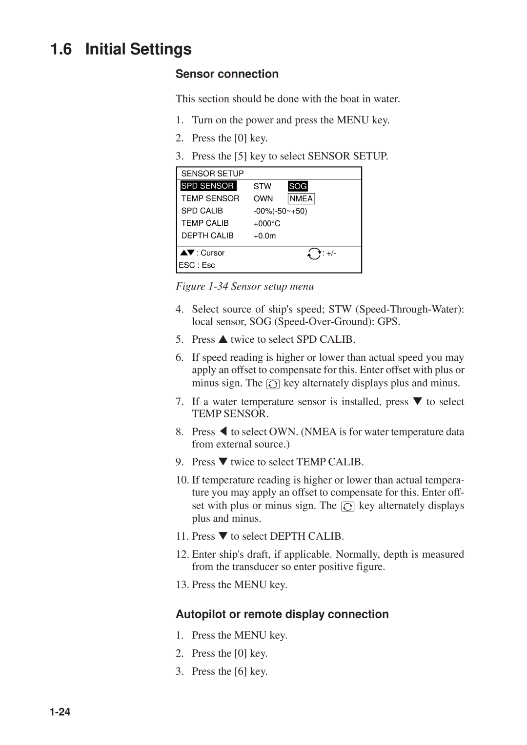 Furuno GP-1610CF manual Initial Settings, Sensor connection, Autopilot or remote display connection 