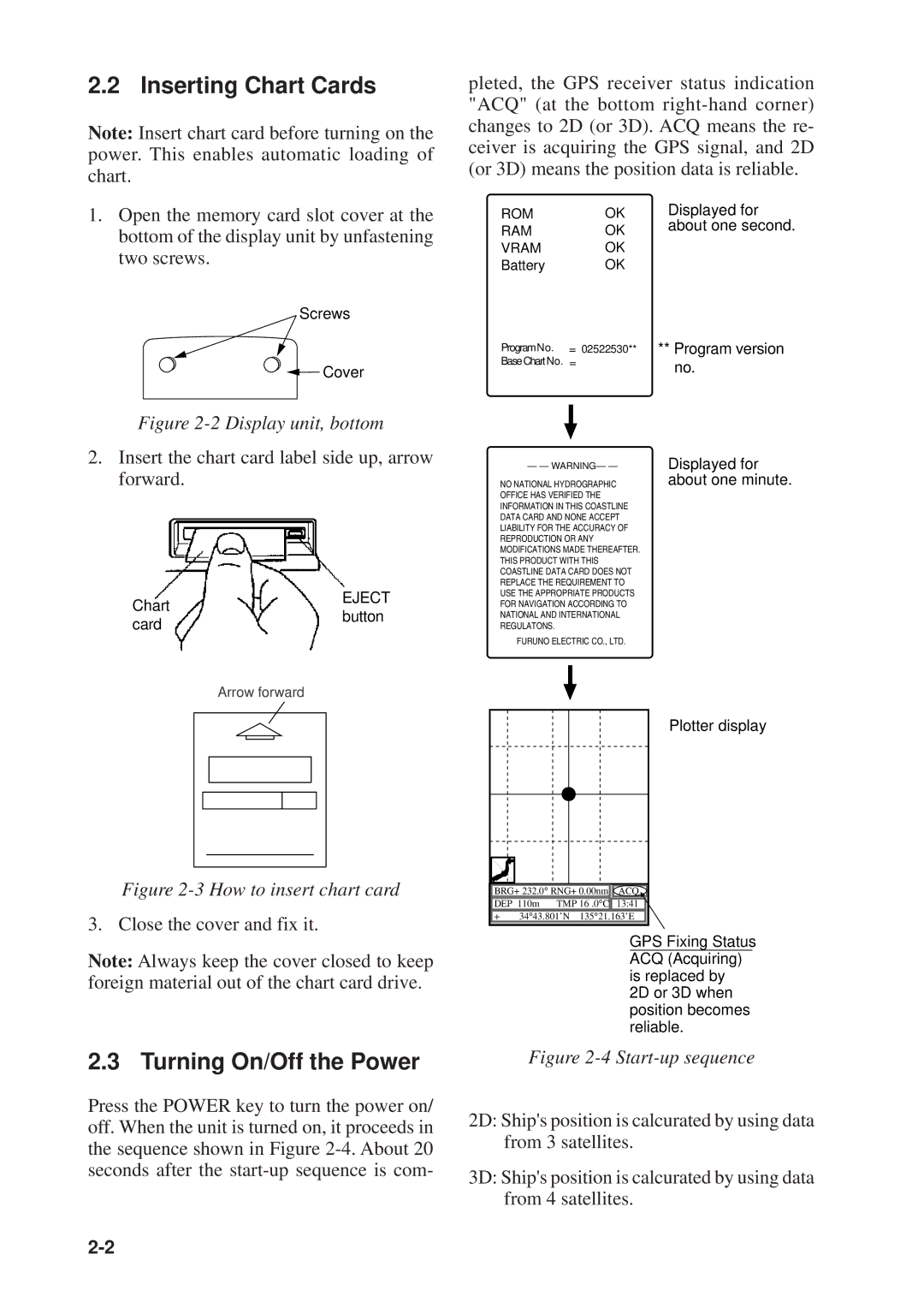 Furuno GP-1610CF manual Inserting Chart Cards, Turning On/Off the Power, Insert the chart card label side up, arrow forward 