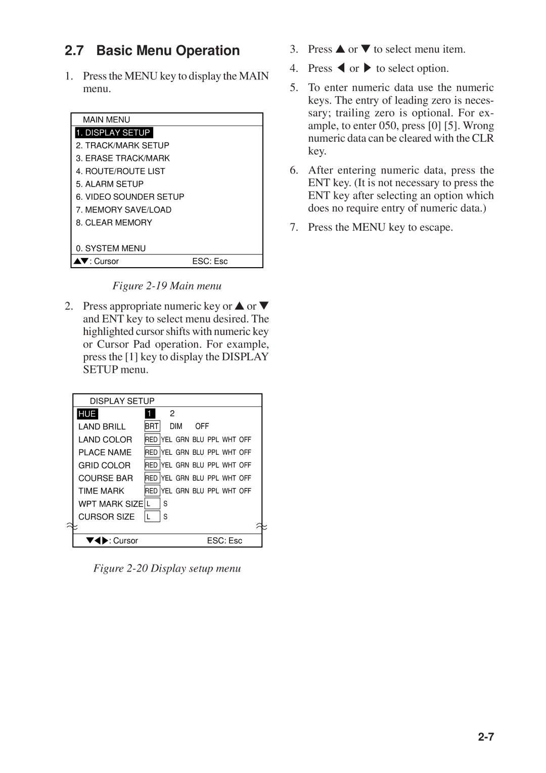 Furuno GP-1610CF manual Basic Menu Operation, Press the Menu key to display the Main menu, Press the Menu key to escape 