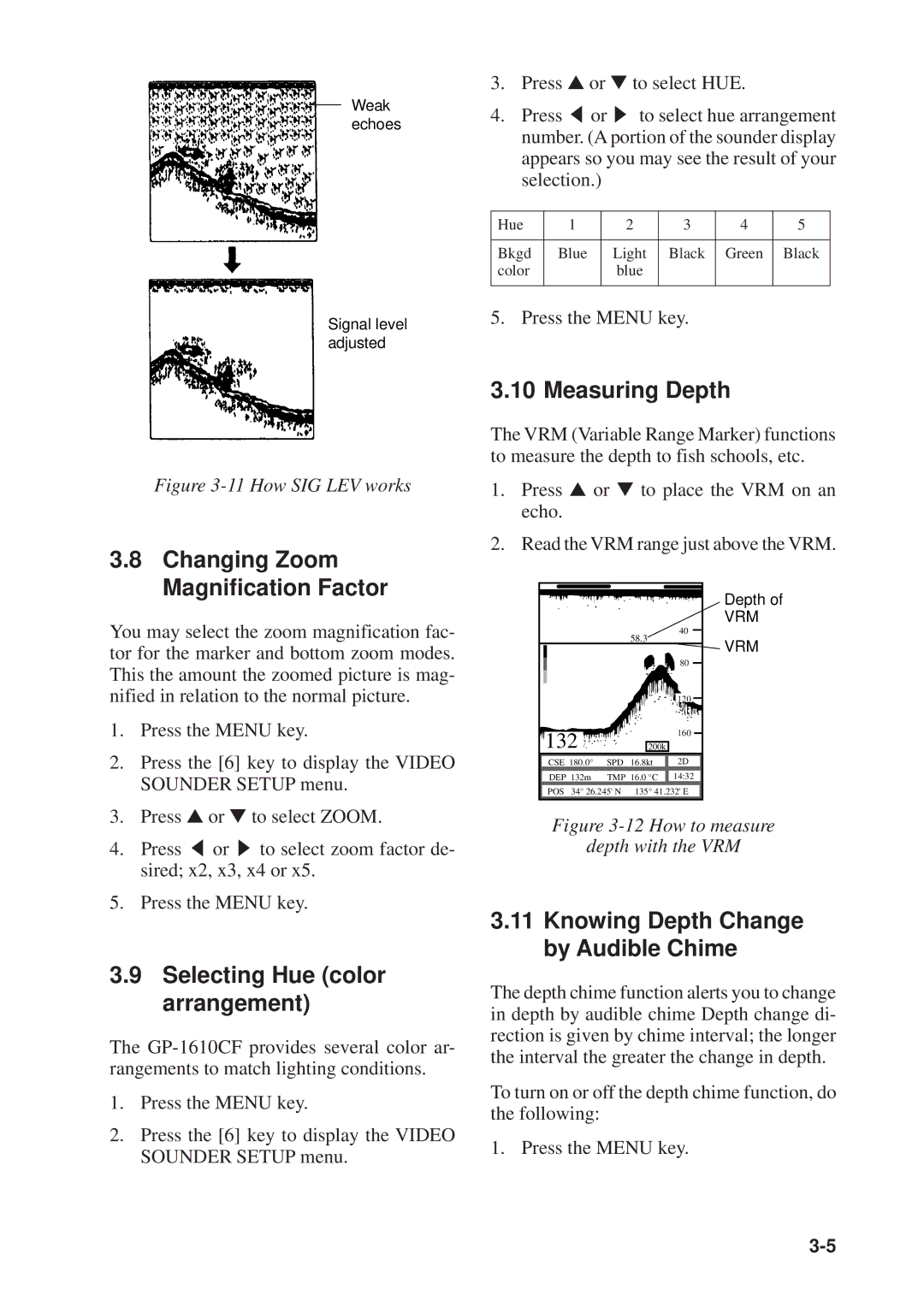 Furuno GP-1610CF manual Changing Zoom Magnification Factor, Selecting Hue color arrangement, Measuring Depth, Selection 