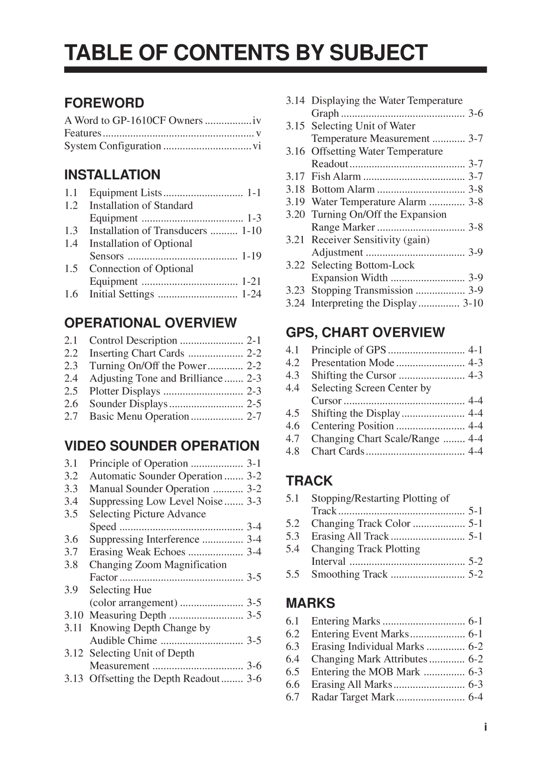 Furuno GP-1610CF manual Table of Contents by Subject 