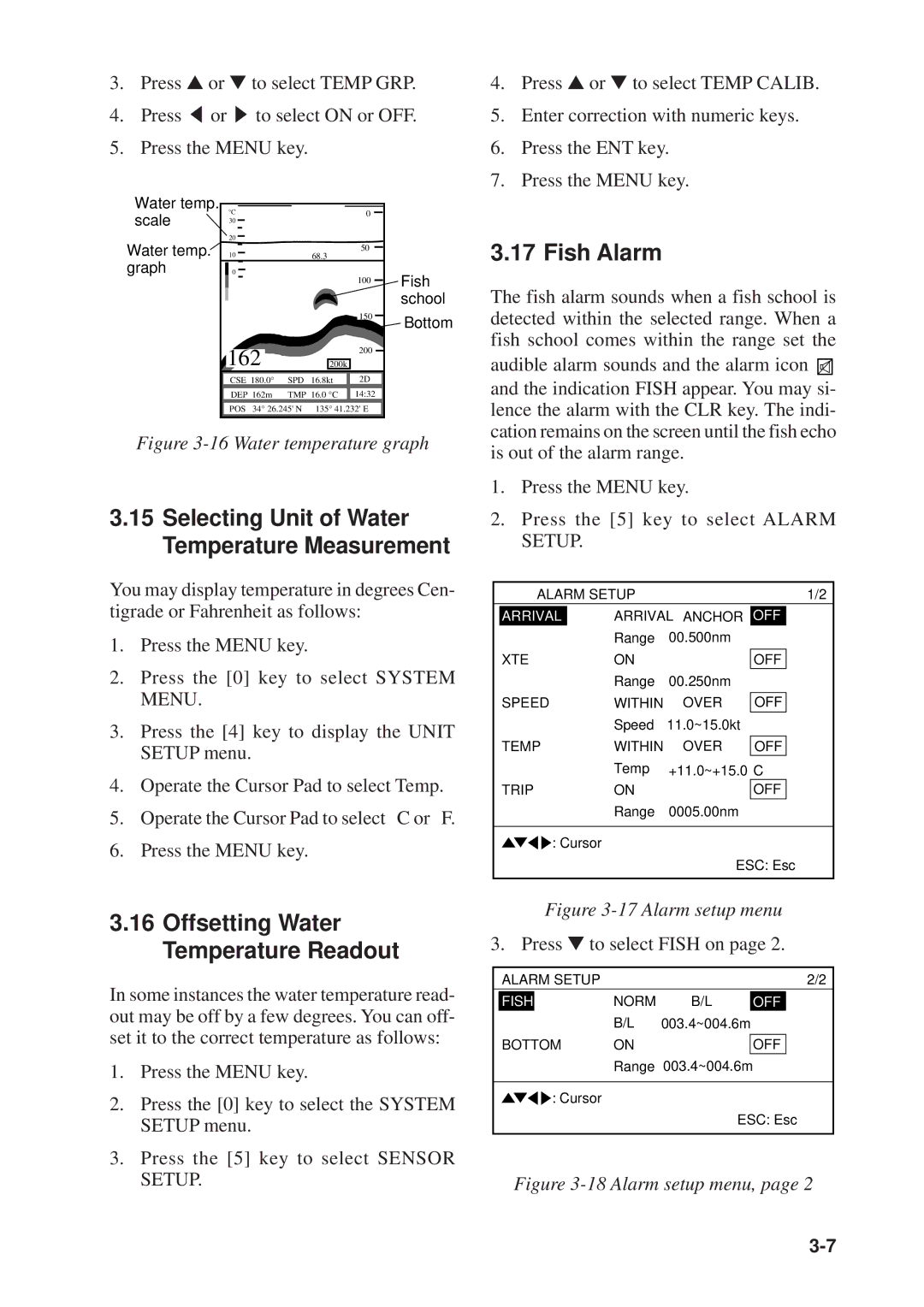 Furuno GP-1610CF manual Fish Alarm, Offsetting Water Temperature Readout, Press to select Fish on 