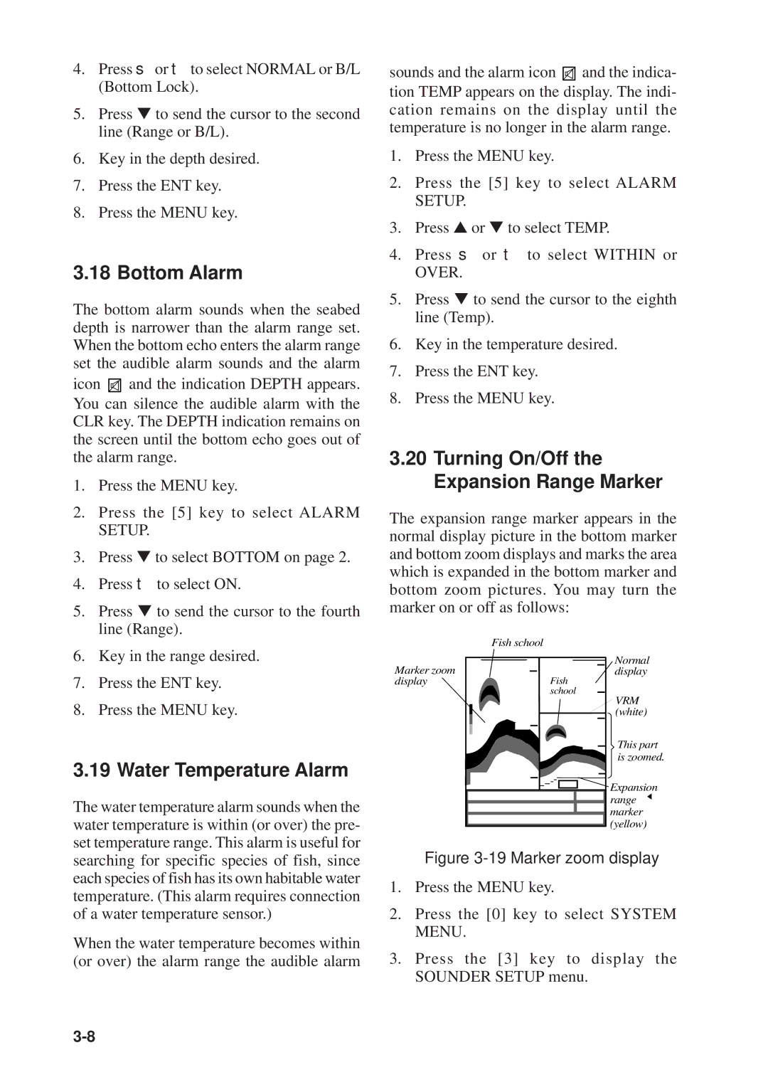 Furuno GP-1610CF manual Bottom Alarm, Turning On/Off the Expansion Range Marker, Water Temperature Alarm 