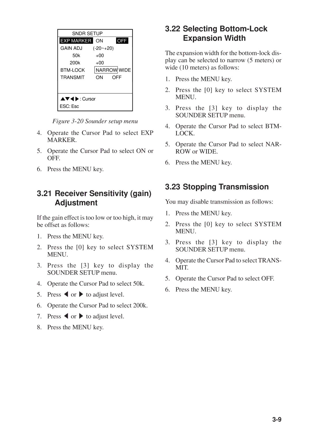 Furuno GP-1610CF manual Selecting Bottom-Lock Expansion Width, Receiver Sensitivity gain Adjustment, Stopping Transmission 