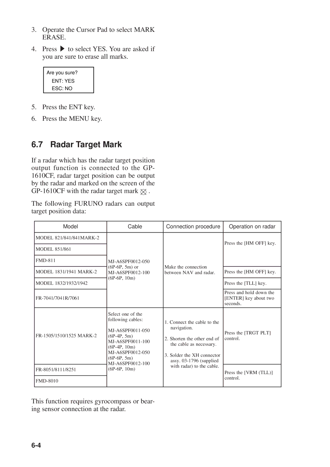 Furuno GP-1610CF manual Radar Target Mark, Model Cable Connection procedure Operation on radar 