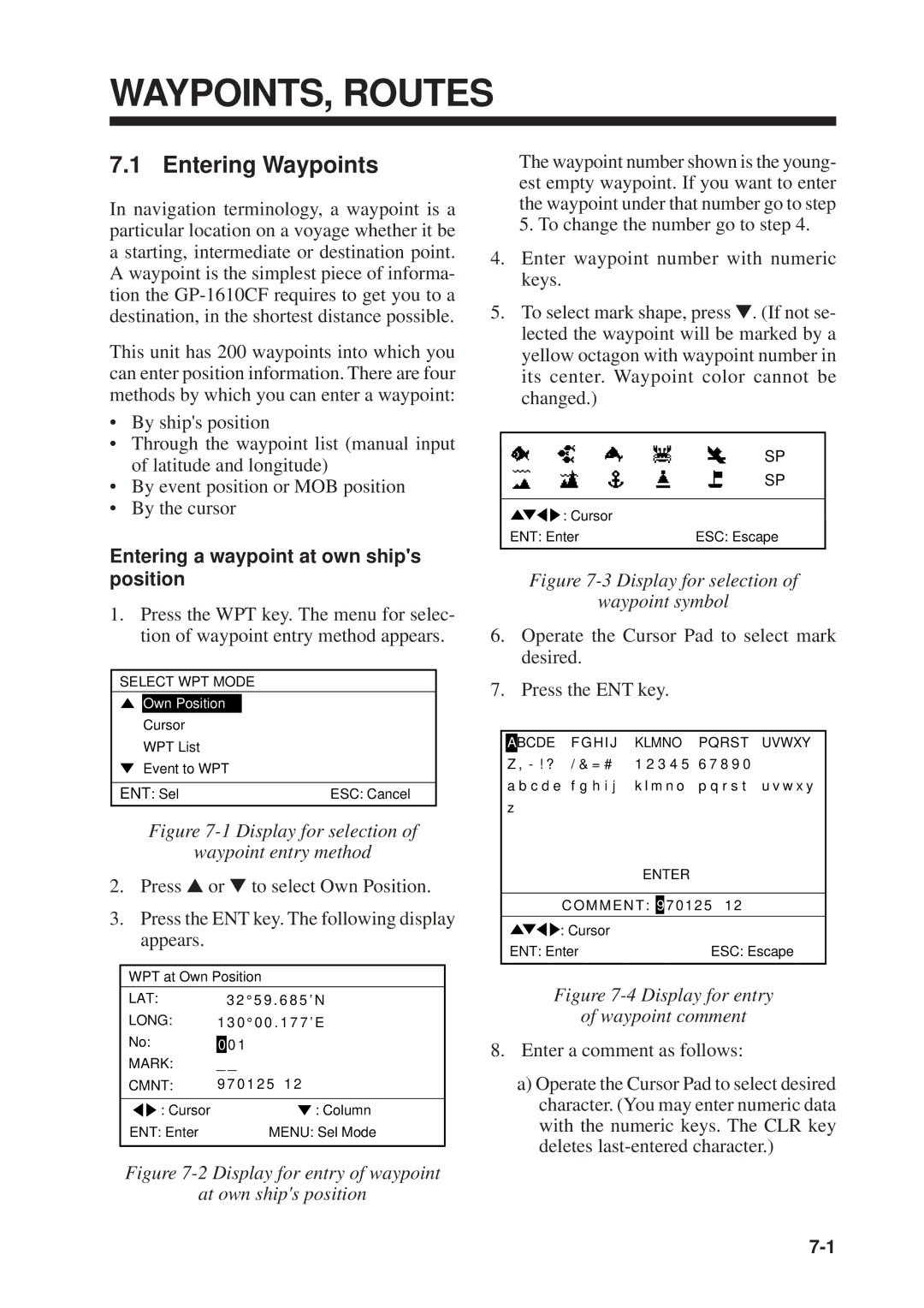 Furuno GP-1610CF manual WAYPOINTS, Routes, Entering Waypoints, Entering a waypoint at own ships position 