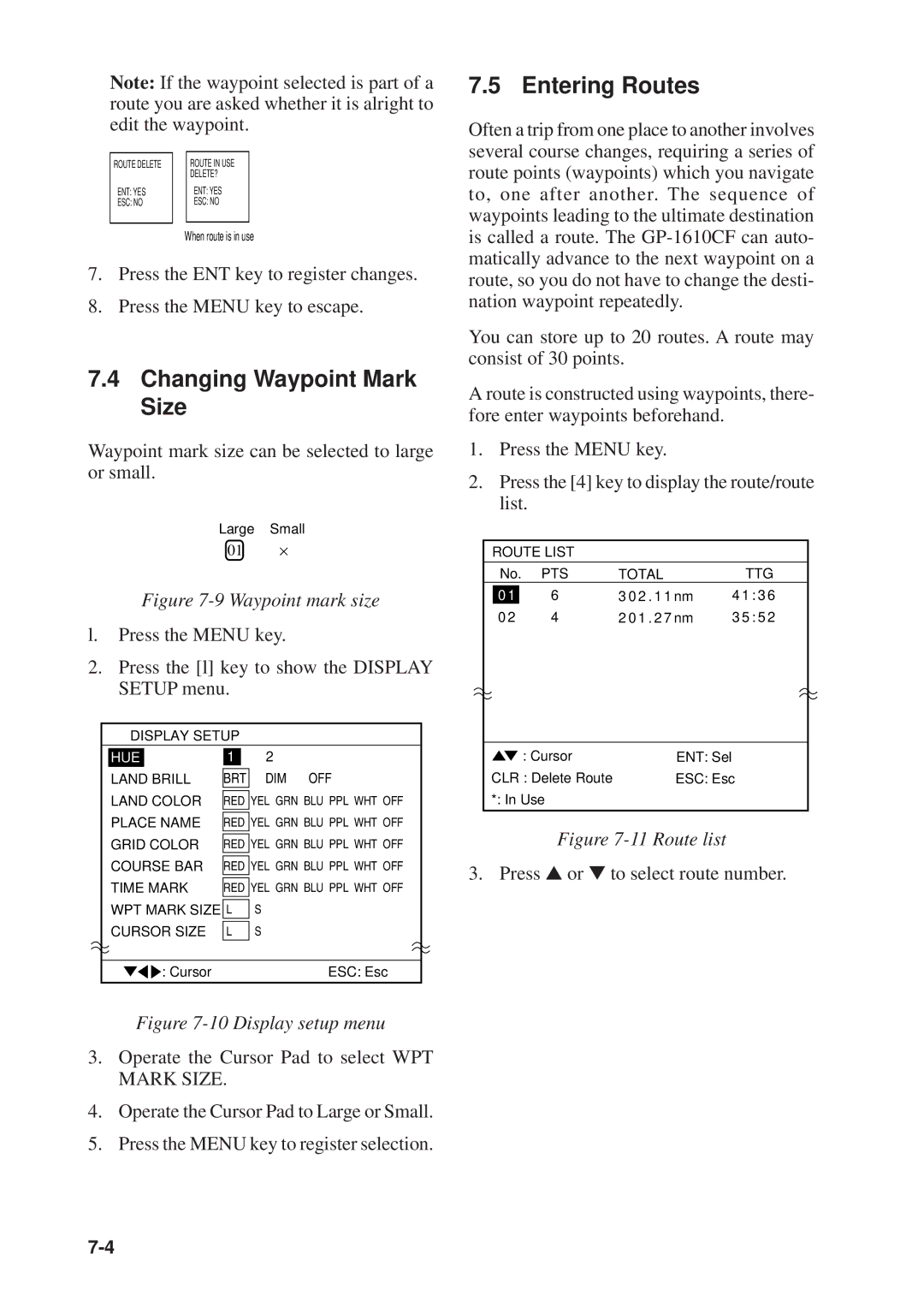 Furuno GP-1610CF manual Changing Waypoint Mark Size, Entering Routes, Waypoint mark size can be selected to large or small 