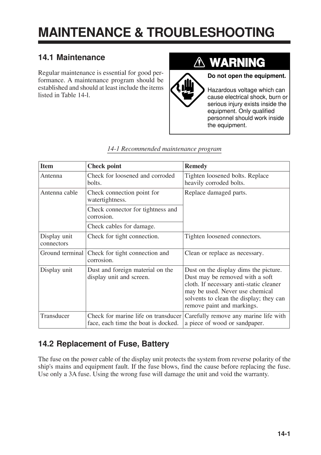 Furuno GP-1610CF manual Maintenance & Troubleshooting, Replacement of Fuse, Battery 