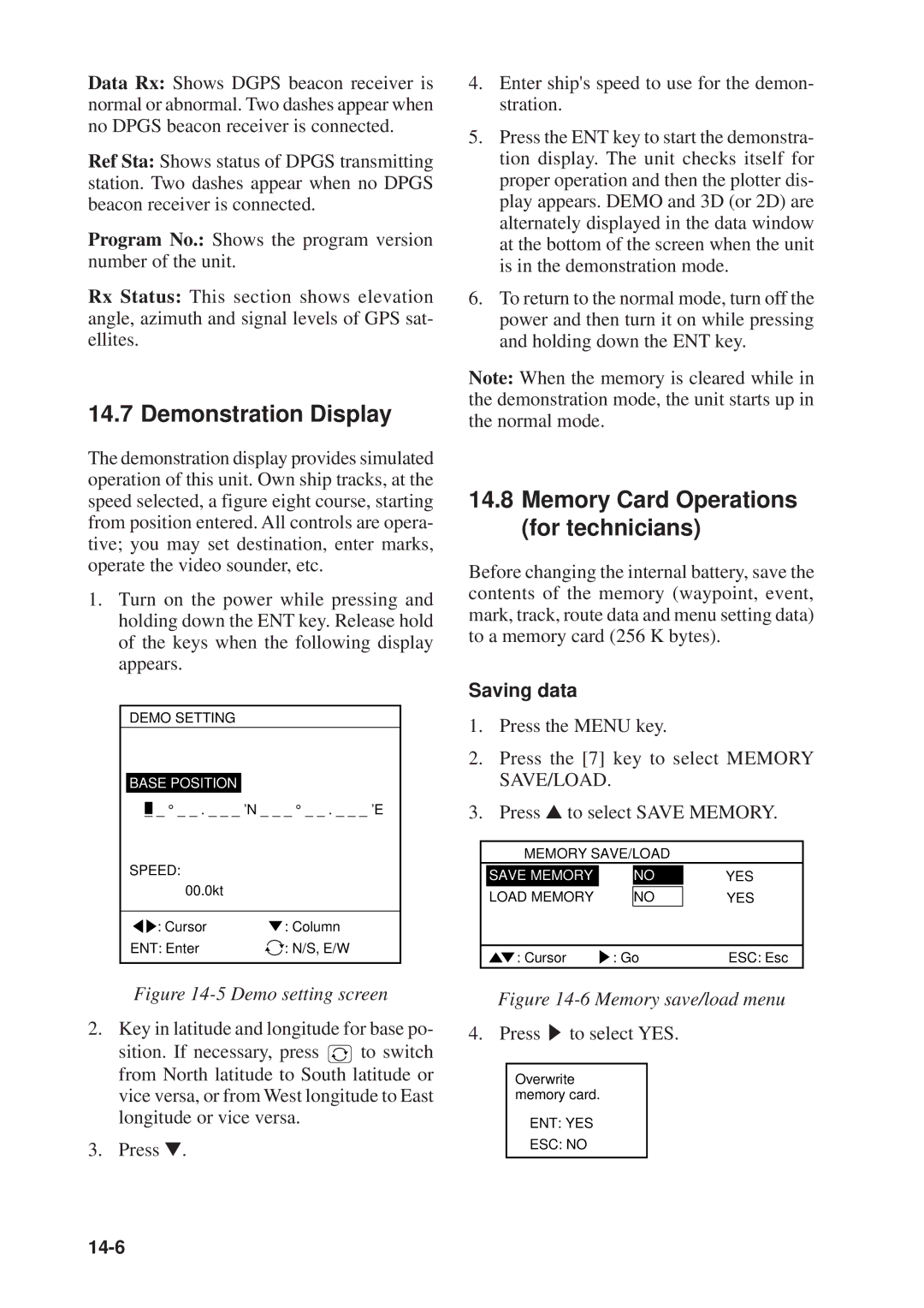 Furuno GP-1610CF manual Demonstration Display, Memory Card Operations for technicians, Saving data, Press s to select YES 