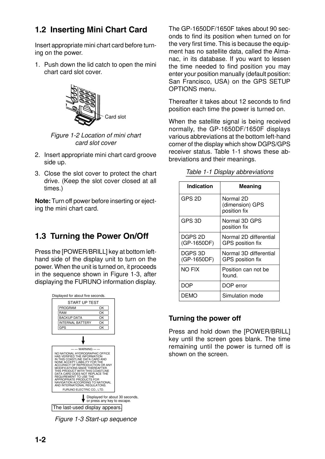 Furuno GP-1650DF manual Inserting Mini Chart Card, Turning the Power On/Off, Turning the power off, Display abbreviations 