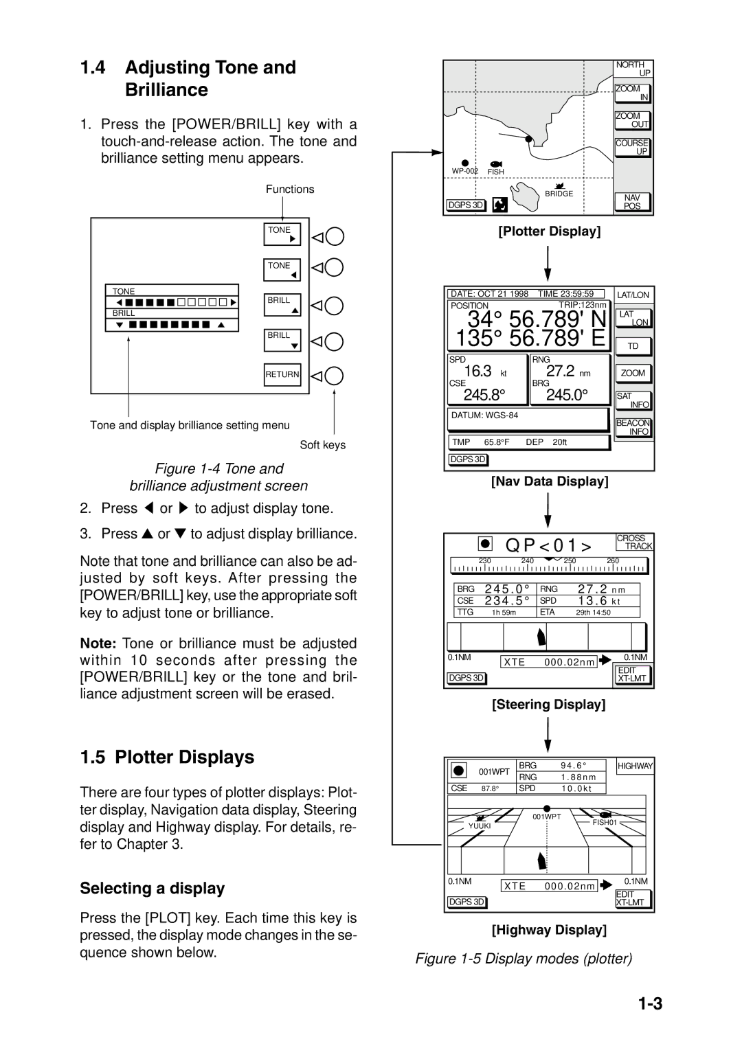 Furuno GP-1650F, GP-1650DF manual Adjusting Tone and Brilliance, Plotter Displays, Selecting a display 