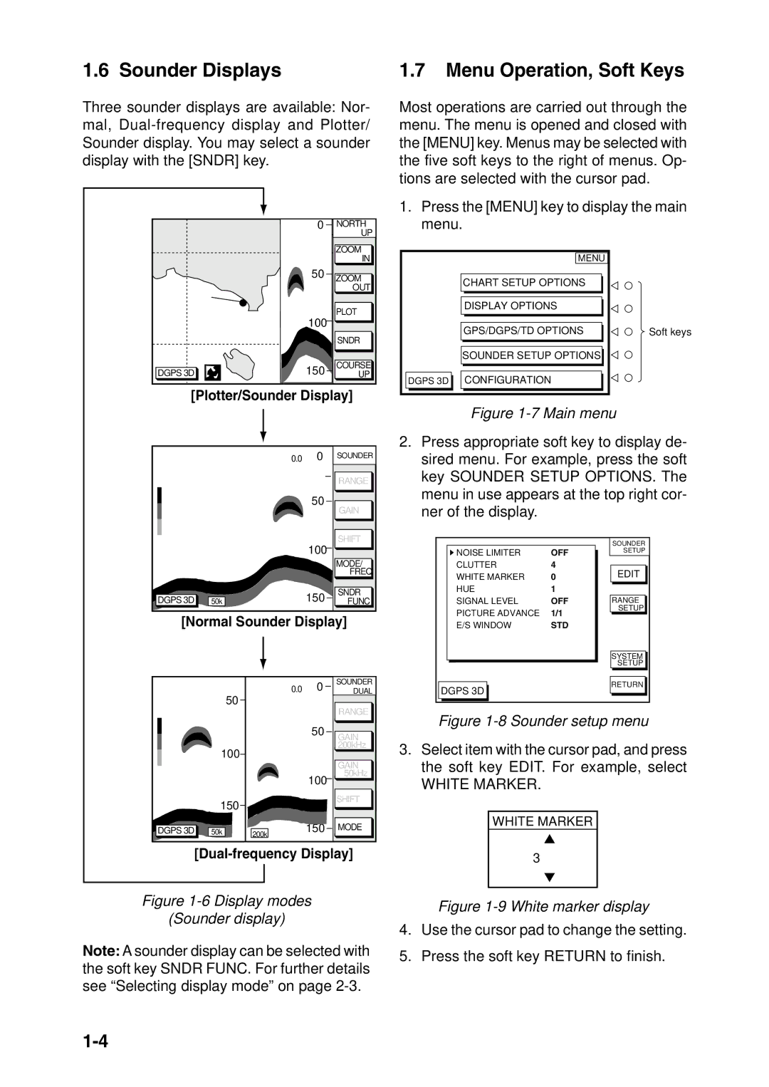 Furuno GP-1650DF, GP-1650F Sounder Displays, Menu Operation, Soft Keys, Plotter/Sounder Display, Normal Sounder Display 