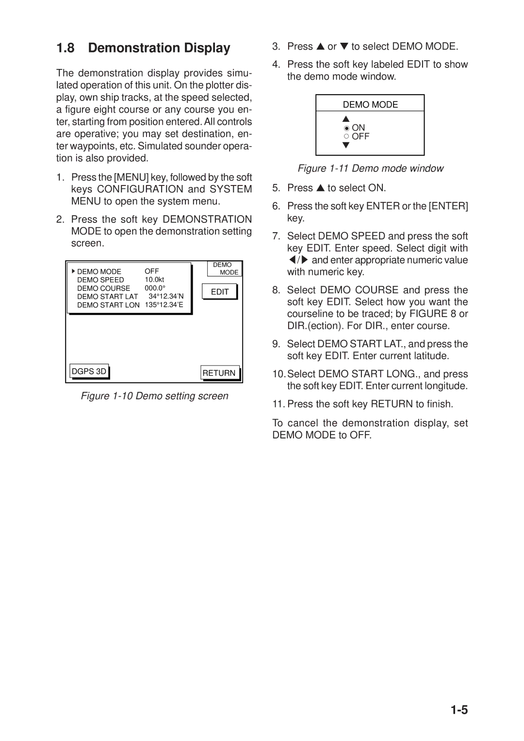 Furuno GP-1650F, GP-1650DF manual Demonstration Display, Demo setting screen 