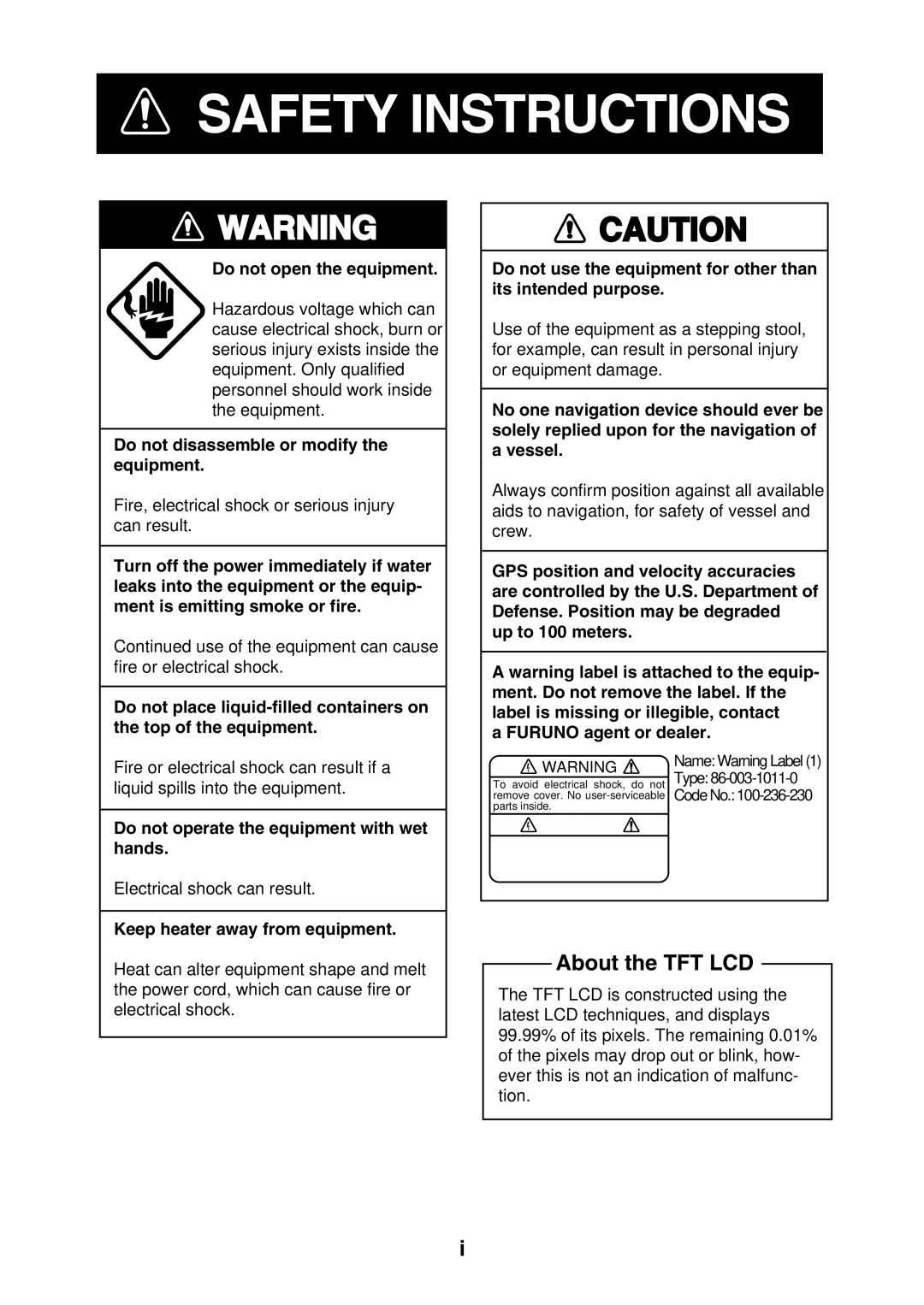 Furuno GP-1650F, GP-1650DF manual About the TFT LCD, Do not open the equipment, Do not disassemble or modify the equipment 