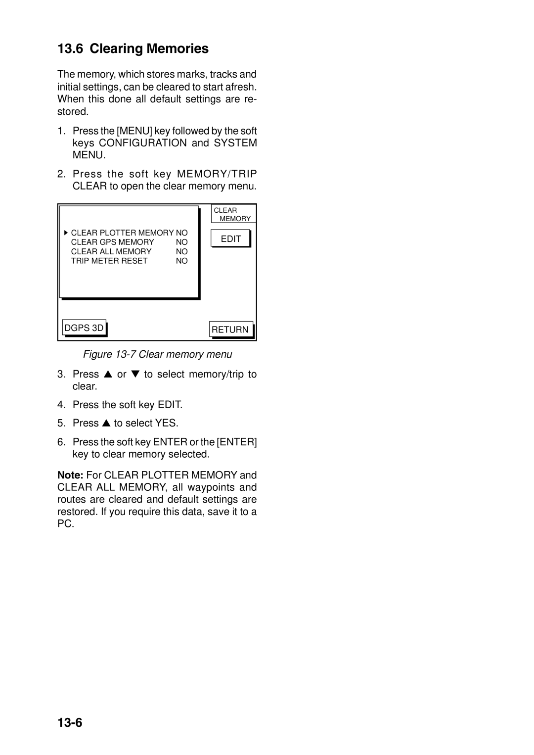 Furuno GP-1650DF, GP-1650F manual Clearing Memories, 13-6 